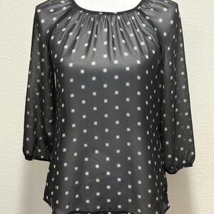 Old Navy black print sheer blouse, 3/4 length sleeves, pullover style, XS